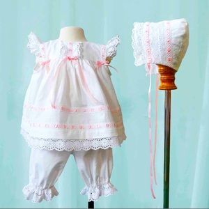 NWOT Handmade Vintage Heirloom-Style Baby Pinafore, Bonnet, and Bloomers Set